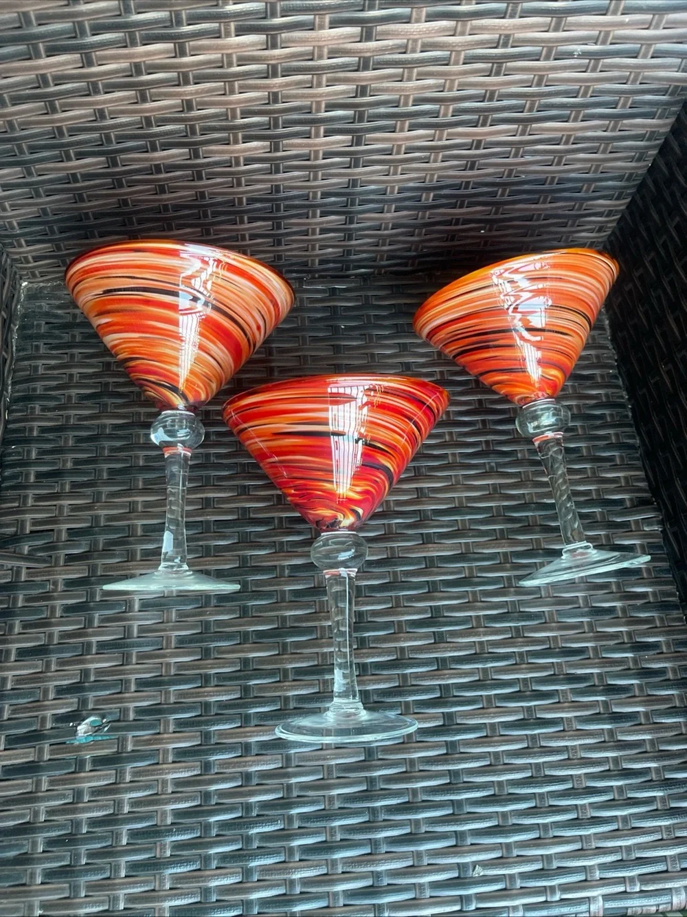 3 Pier 1 Hand Blown Red, Orange, Black Swirls Martini Margarita Glasses 7